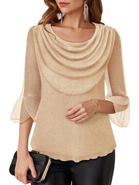 Women's Champagne Cowl Neck Blouse Dressy Casual Outfit 3/4 Sleeve Sparkly Top